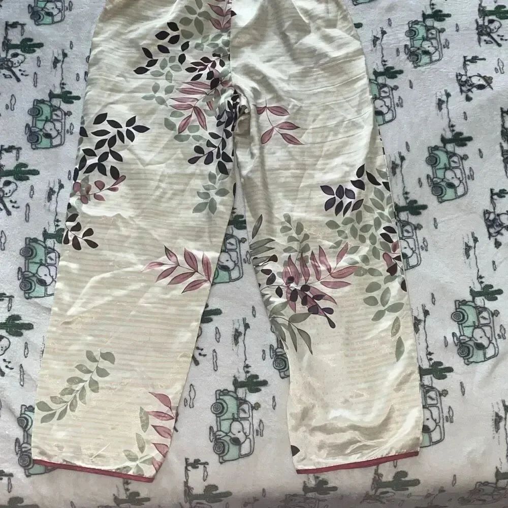 Floral leaf print Satin polyester sleepwear pj pants long pajamas size medium